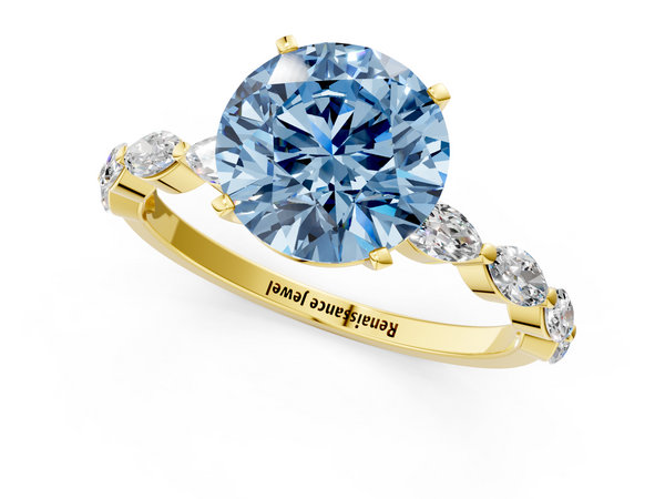 Yellow gold Fancy Blue Round Cut Diamond Ring with Marquise Side Stones and Prong Setting