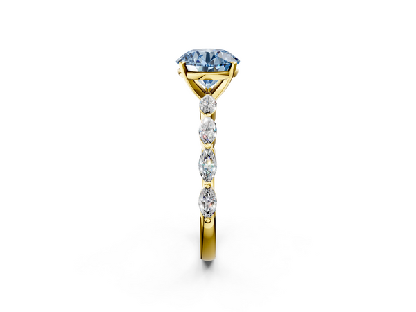 Yellow gold Fancy Blue Round Cut Diamond Ring with Marquise Side Stones and Prong Setting