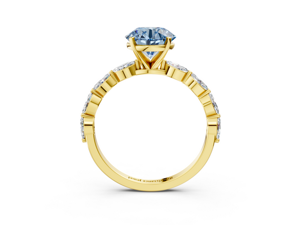 Yellow gold Fancy Blue Round Cut Diamond Ring with Marquise Side Stones and Prong Setting