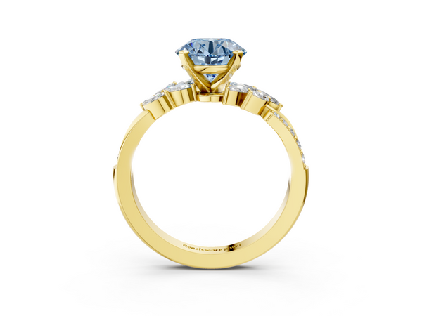 Yellow gold Fancy Blue Round  Solitaire Marquise Twist Band with Six-Prong Setting