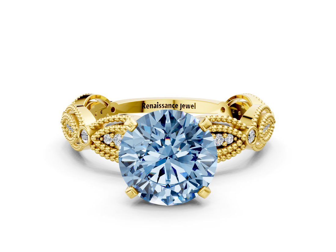 Yellow gold Fancy Blue Round  Solitaire Milgrain Diamond Engagement Ring with Bezel and Marquise Band_126
