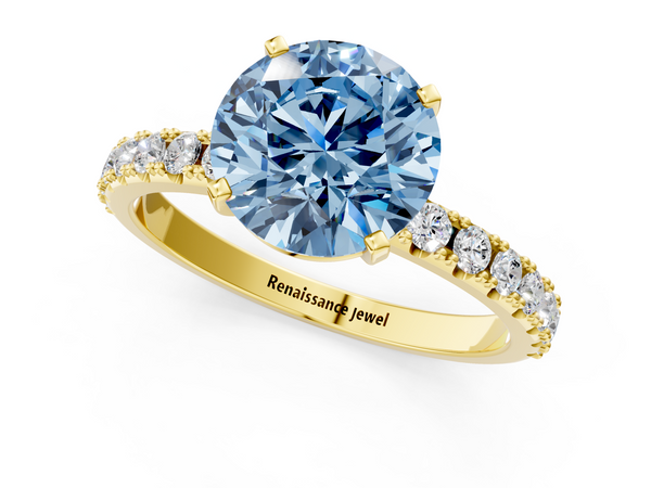 Yellow gold Fancy Blue Round Cut Diamond Solitaire Pavé Band with Four-Prong Setting