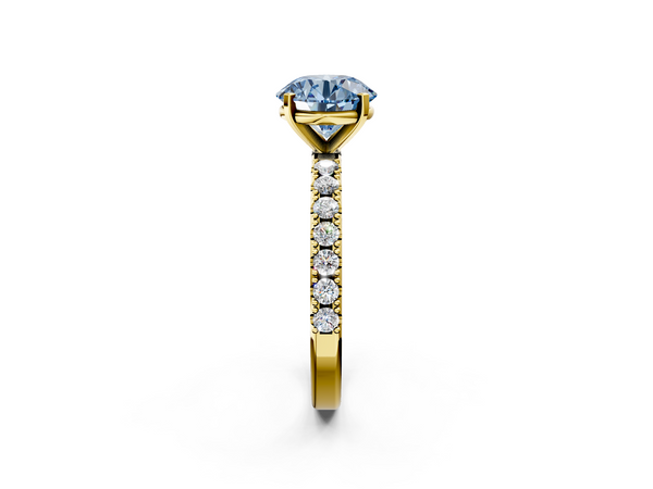 Yellow gold Fancy Blue Round Cut Diamond Solitaire Pavé Band with Four-Prong Setting