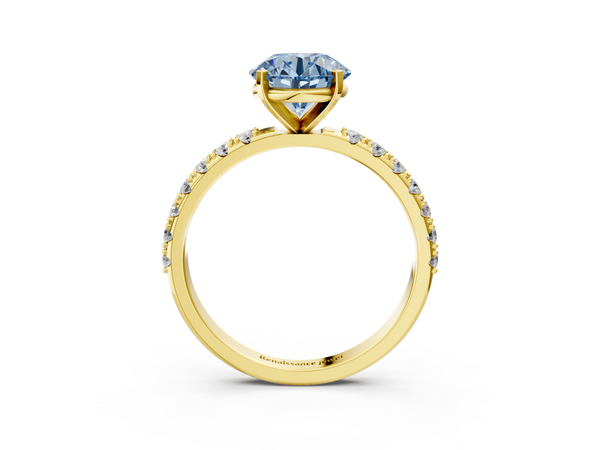 Yellow gold Fancy Blue Round Cut Diamond Solitaire Pavé Band with Four-Prong Setting