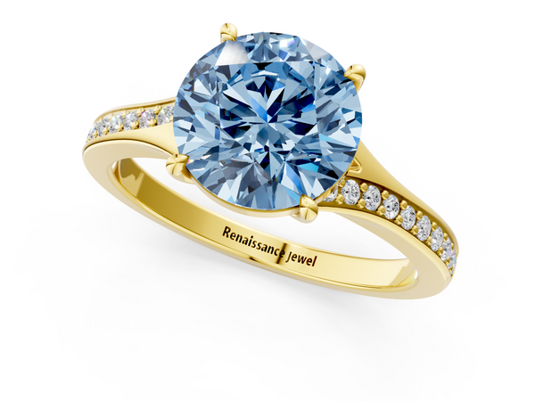 Yellow gold Fancy Blue Round Cut Diamond Solitaire Ring with Pavé Band and Prong Setting