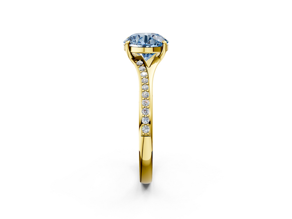Yellow gold Fancy Blue Round Cut Diamond Solitaire Ring with Pavé Band and Prong Setting