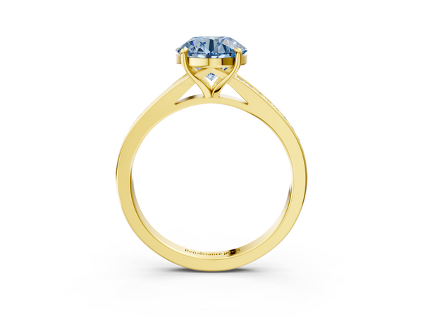 Yellow gold Fancy Blue Round Cut Diamond Solitaire Ring with Pavé Band and Prong Setting