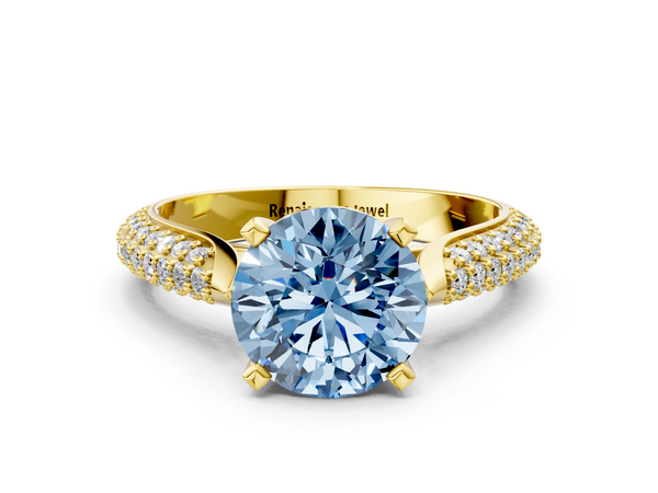 Yellow gold Fancy Blue Round  Diamond Solitaire Engagement Ring with Pavé Band and Four-Prong Setting