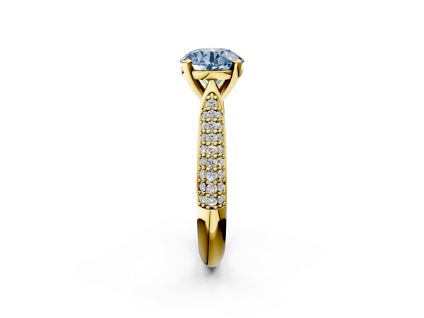 Yellow gold Fancy Blue Round  Diamond Solitaire Engagement Ring with Pavé Band and Four-Prong Setting
