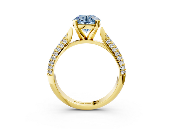 Yellow gold Fancy Blue Round  Diamond Solitaire Engagement Ring with Pavé Band and Four-Prong Setting