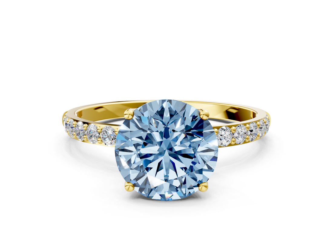 Yellow gold Fancy Blue Round  Solitaire Pavé Diamond Engagement Ring with Four-Prong Setting_25