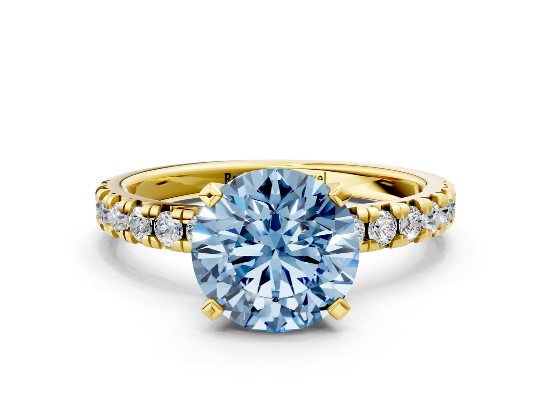 Yellow gold Fancy Blue Round  Solitaire Pave Diamond Engagement Ring with Four-Prong Setting_185