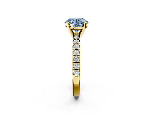Yellow gold Fancy Blue Round  Solitaire Pave Diamond Engagement Ring with Four-Prong Setting