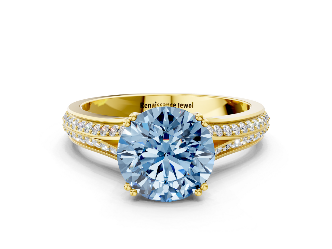 Yellow gold Fancy Blue Round  Solitaire Pave Split Shank Engagement Ring with Six-Prong Setting_36