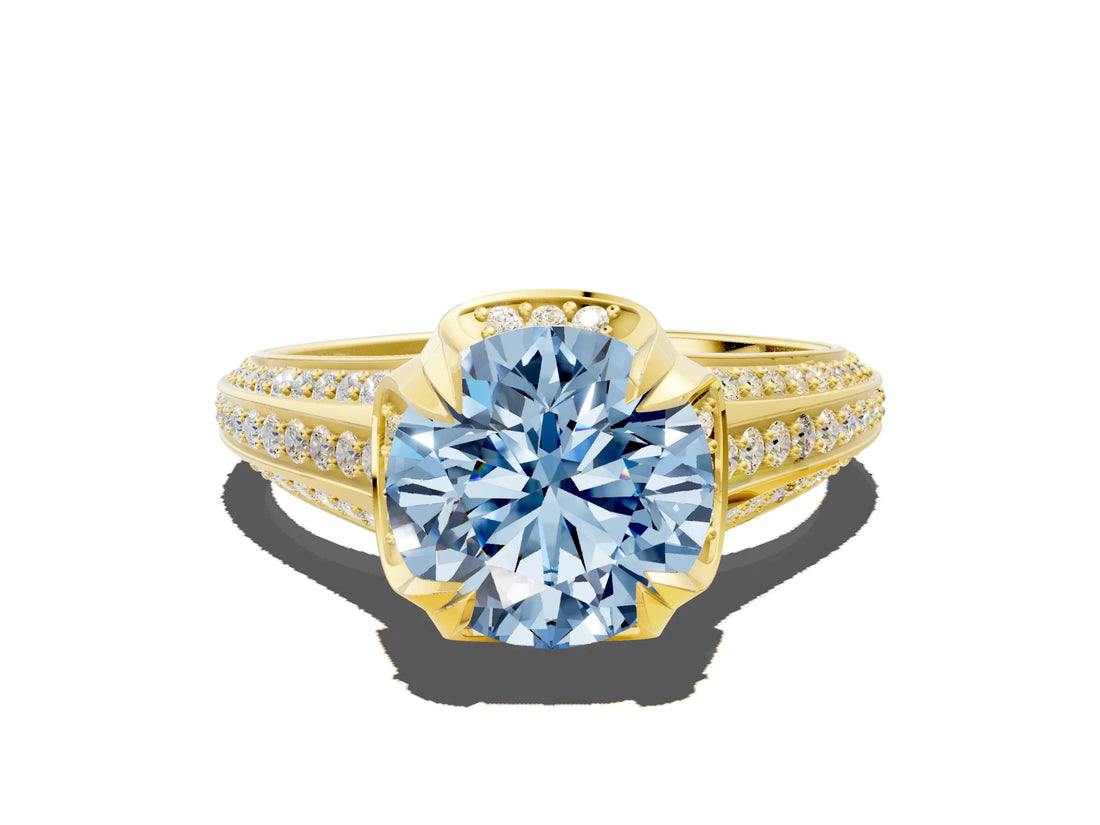 Yellow gold Fancy Blue Round  Solitaire Pave Split Shank Ring with Four-Prong Setting_123