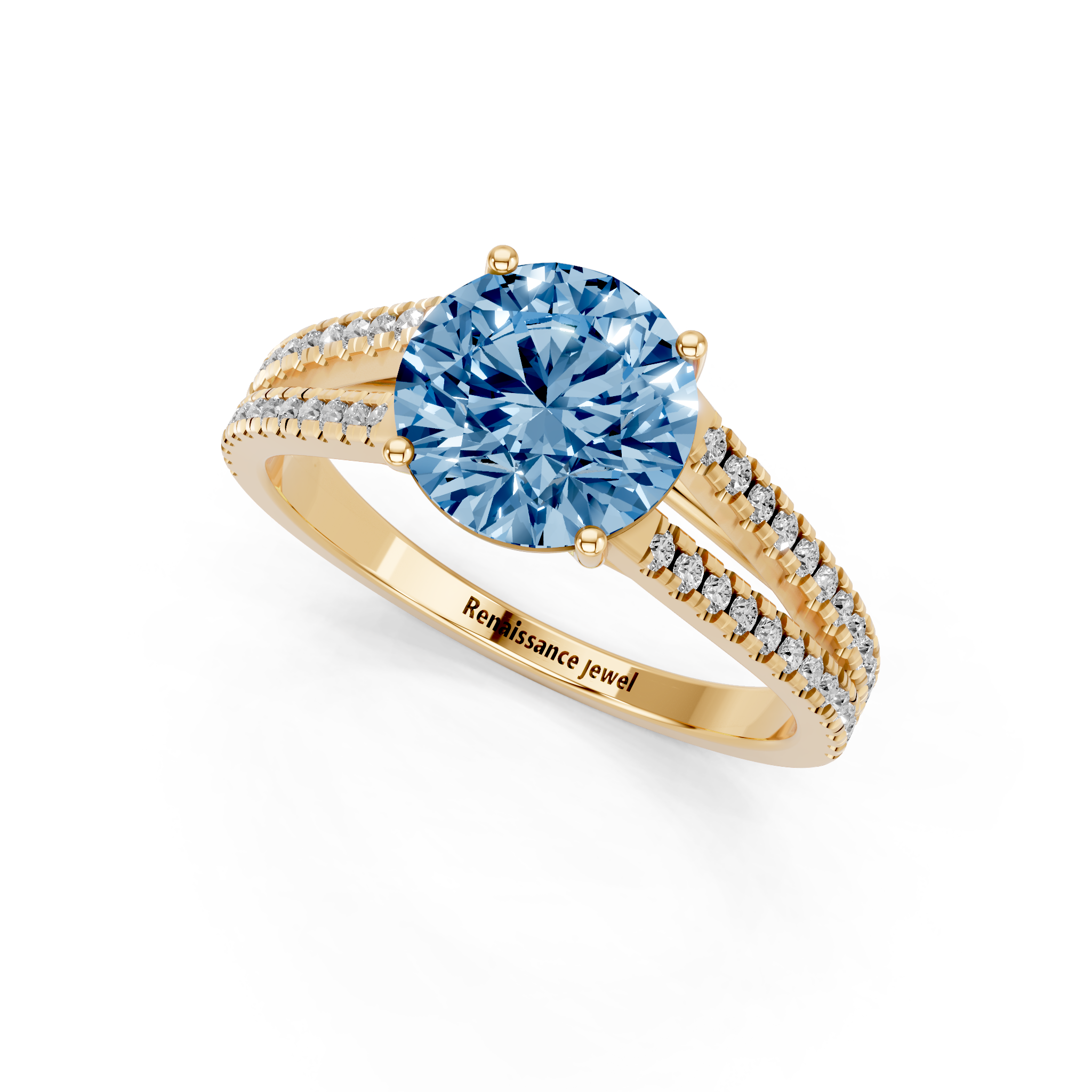 Yellow gold Fancy Blue Round  Solitaire Split Shank Pavé Diamond Engagement Ring_254