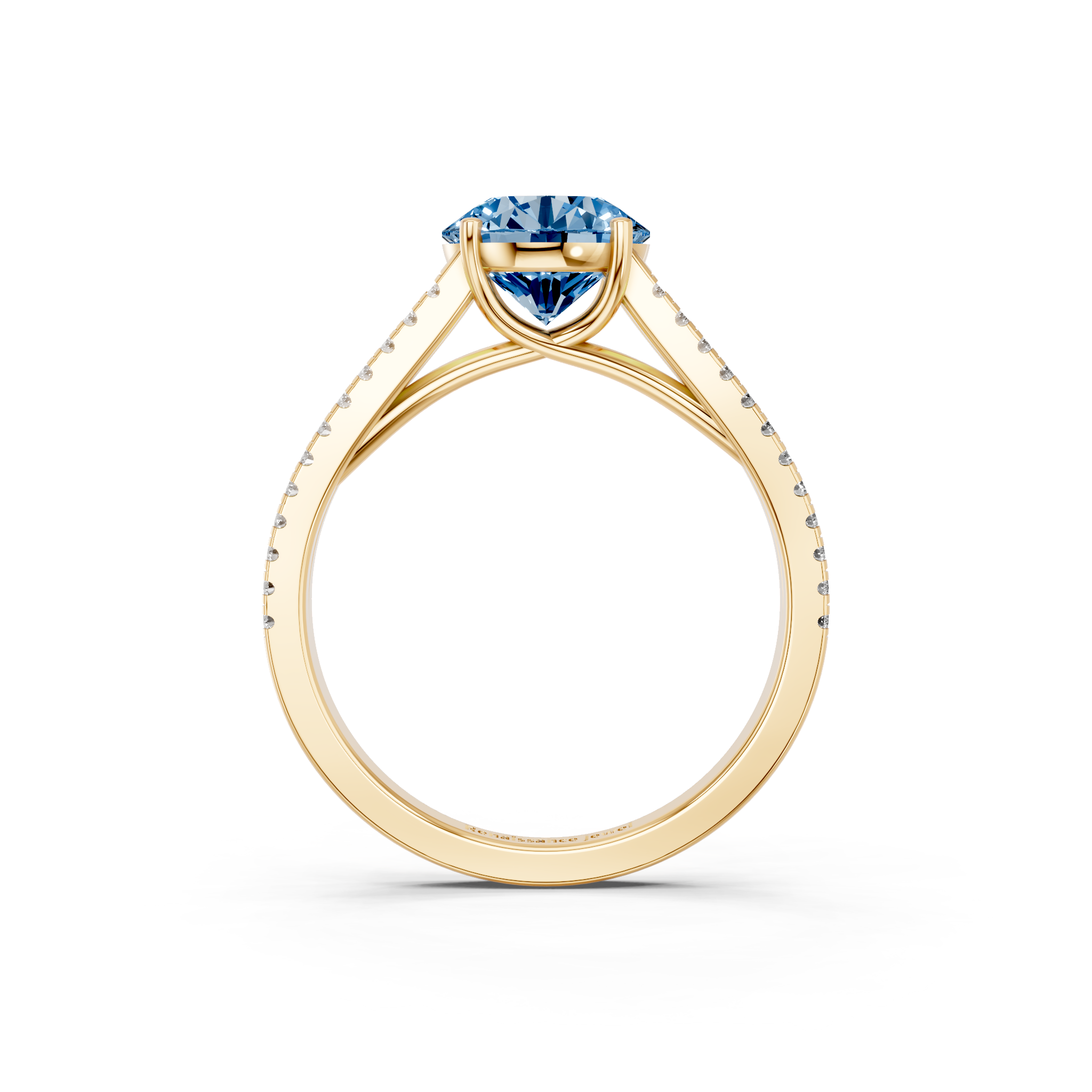 Yellow gold Fancy Blue Round  Solitaire Split Shank Pavé Diamond Engagement Ring_256