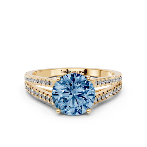 Yellow gold Fancy Blue Round  Solitaire Split Shank Pavé Diamond Engagement Ring_262