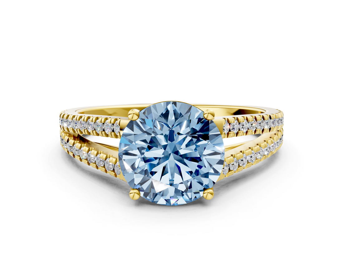 Yellow gold Fancy Blue Round  Solitaire Split Shank Pavé Diamond Engagement Ring_371