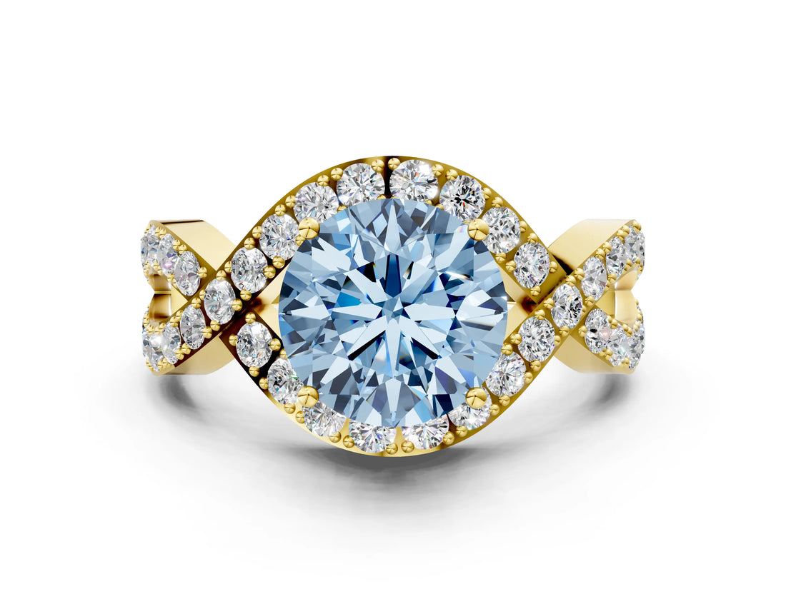 Yellow gold Fancy Blue Round  Solitaire Twist Band Pavé Diamond Engagement Ring_37
