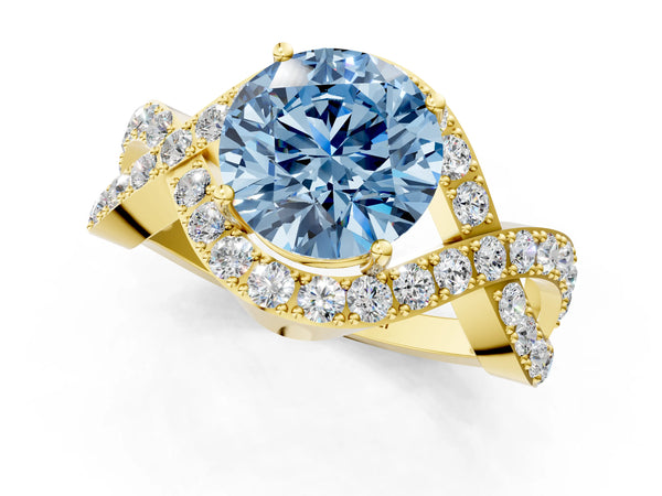Yellow Gold Round Infinity Twist Engagement Ring Setting for Fancy Blue Center with Pave Ribbons
