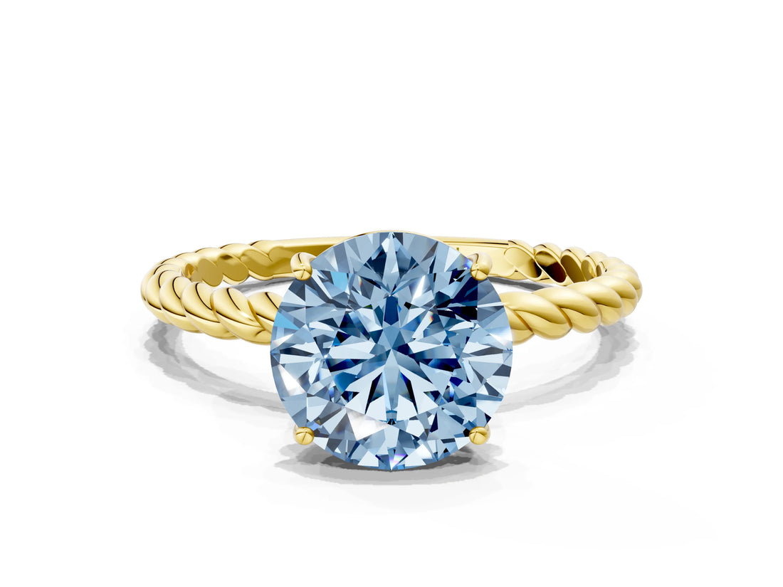 Yellow gold Fancy Blue Round  Solitaire Twist Band Ring with Four-Prong Setting_12