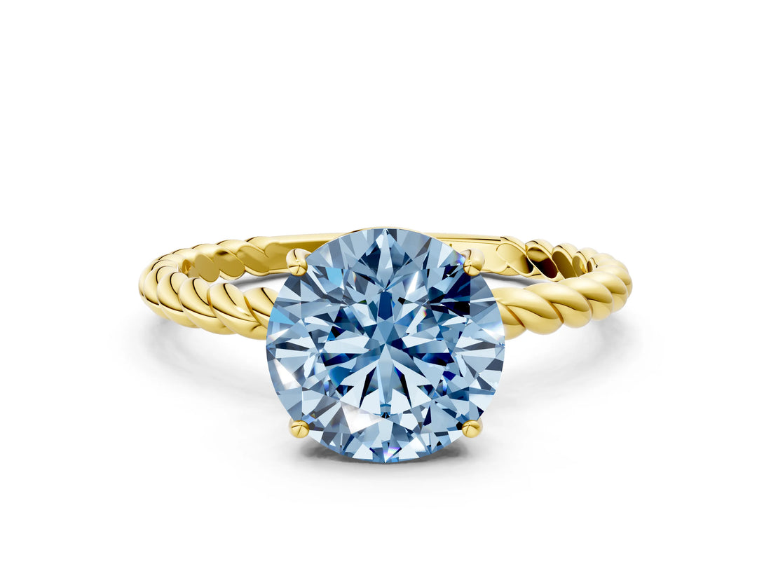 Yellow gold Fancy Blue Round  Solitaire Twist Band Ring with Four-Prong Setting_68