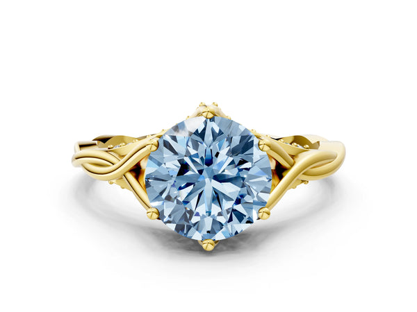 Yellow Gold Round Twisted Solitaire Engagement Ring Setting for Fancy Blue Center with Pave Shoulders and Gallery