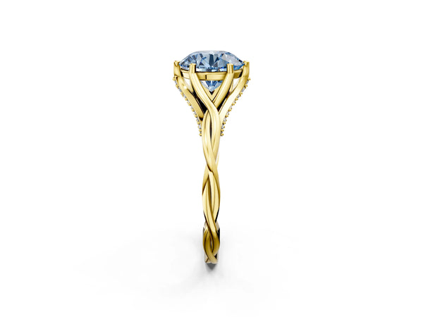 Yellow Gold Round Twisted Solitaire Engagement Ring Setting for Fancy Blue Center with Pave Shoulders and Gallery