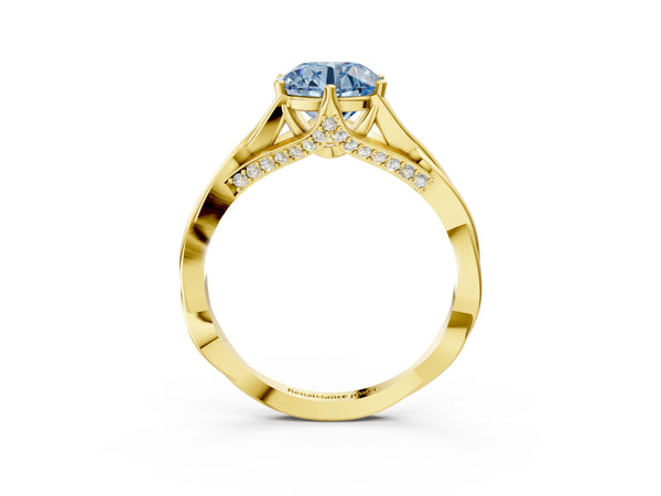 Yellow Gold Round Twisted Solitaire Engagement Ring Setting for Fancy Blue Center with Pave Shoulders and Gallery