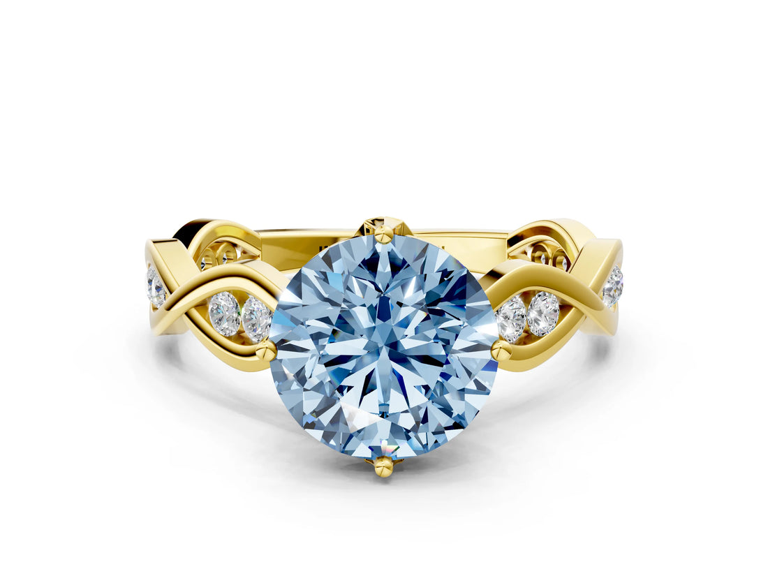 Yellow gold Fancy Blue Round  Solitaire Twist Band with Leaf Prong Setting 1