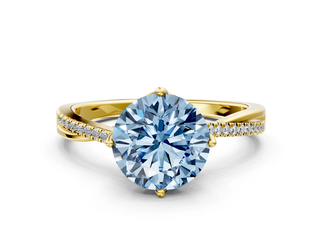 Yellow gold Fancy Blue Round  Solitaire Twist Band with Pavé Diamonds and Four-Prong Setting_53