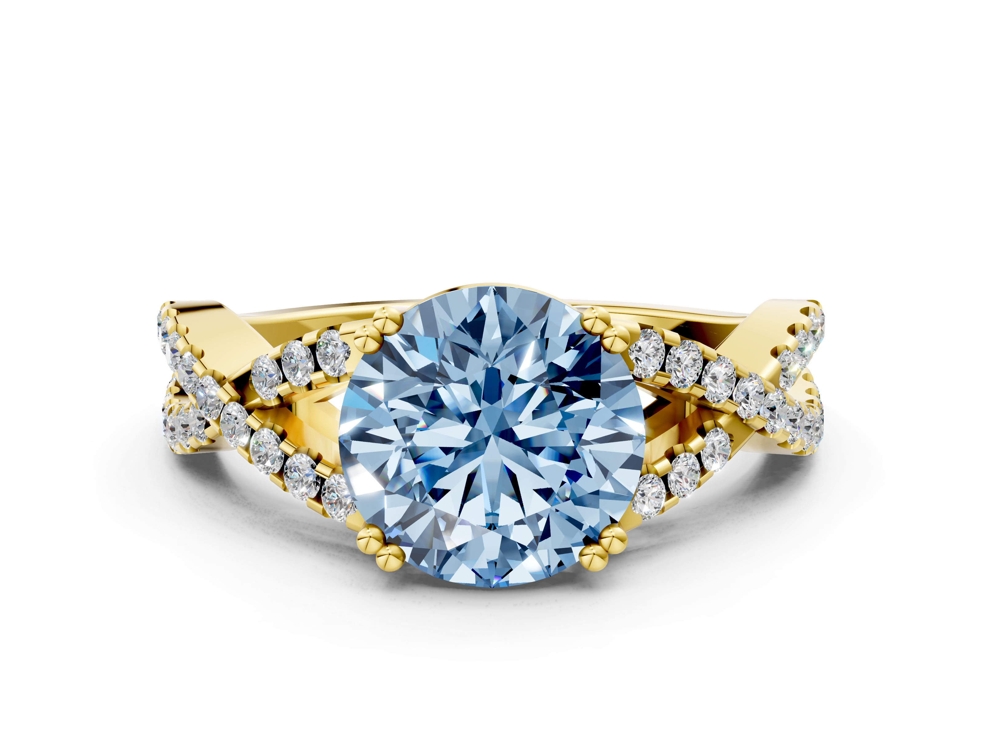 Yellow gold Fancy Blue Round  Solitaire Twist Band with Pavé Setting and Four-Prong Setting_17