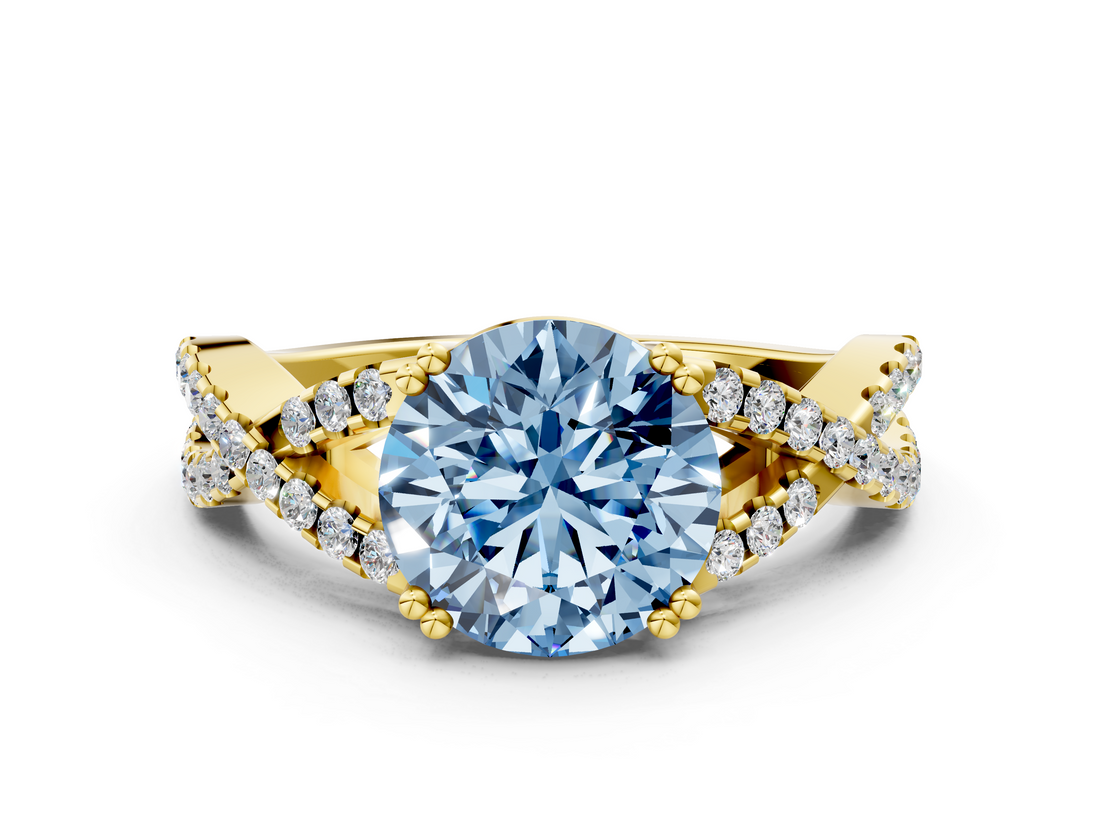 Yellow gold Fancy Blue Round  Solitaire Twist Band with Pavé Setting and Four-Prong Setting_17