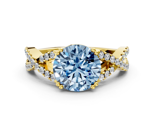 Yellow gold Fancy Blue Round Cut Diamond Solitaire Ring with Four-Prong Setting and Twisted Pavé Band