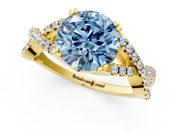 Yellow gold Fancy Blue Round Cut Diamond Solitaire Ring with Four-Prong Setting and Twisted Pavé Band