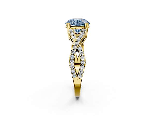 Yellow gold Fancy Blue Round Cut Diamond Solitaire Ring with Four-Prong Setting and Twisted Pavé Band