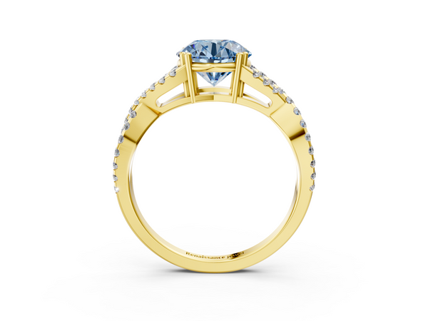 Yellow gold Fancy Blue Round Cut Diamond Solitaire Ring with Four-Prong Setting and Twisted Pavé Band