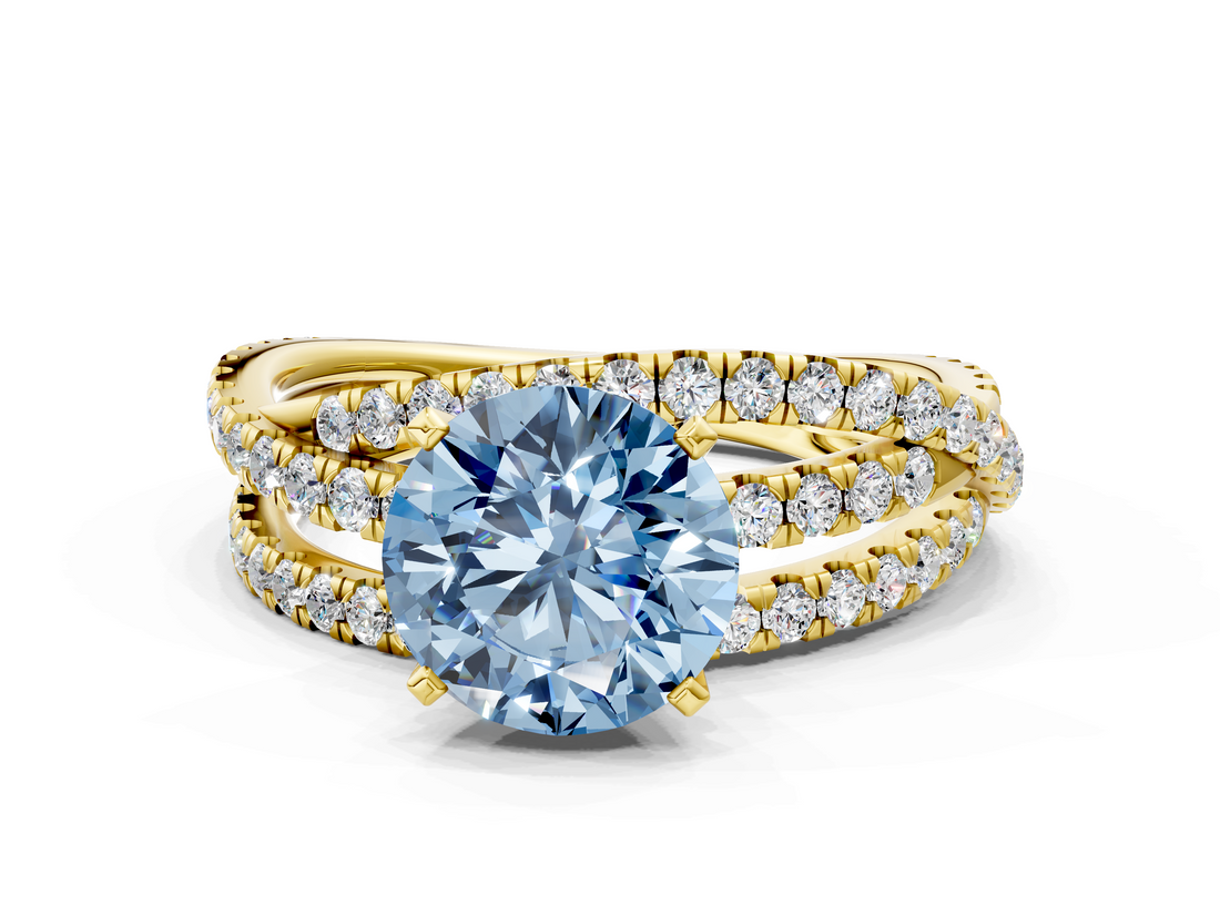 Yellow gold Fancy Blue Round  Solitaire Twist Band with Pavé Setting and Four-Prong Setting_85