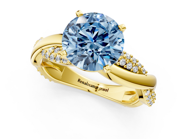 Yellow gold Fancy Blue Round  Solitaire Twist Band with Pave Prong Setting
