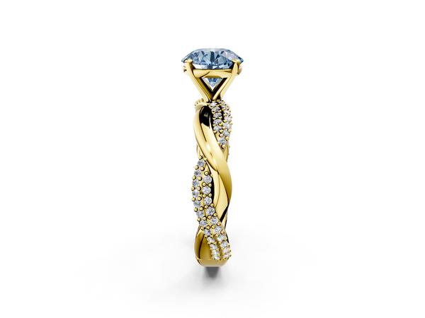 Yellow gold Fancy Blue Round  Solitaire Twist Band with Pave Prong Setting