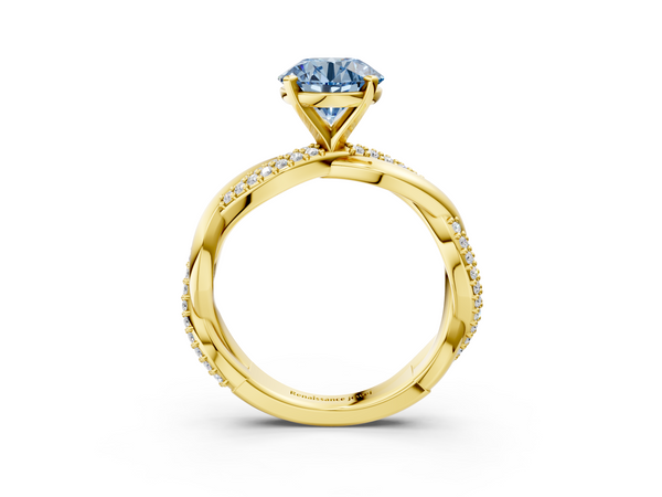 Yellow gold Fancy Blue Round  Solitaire Twist Band with Pave Prong Setting