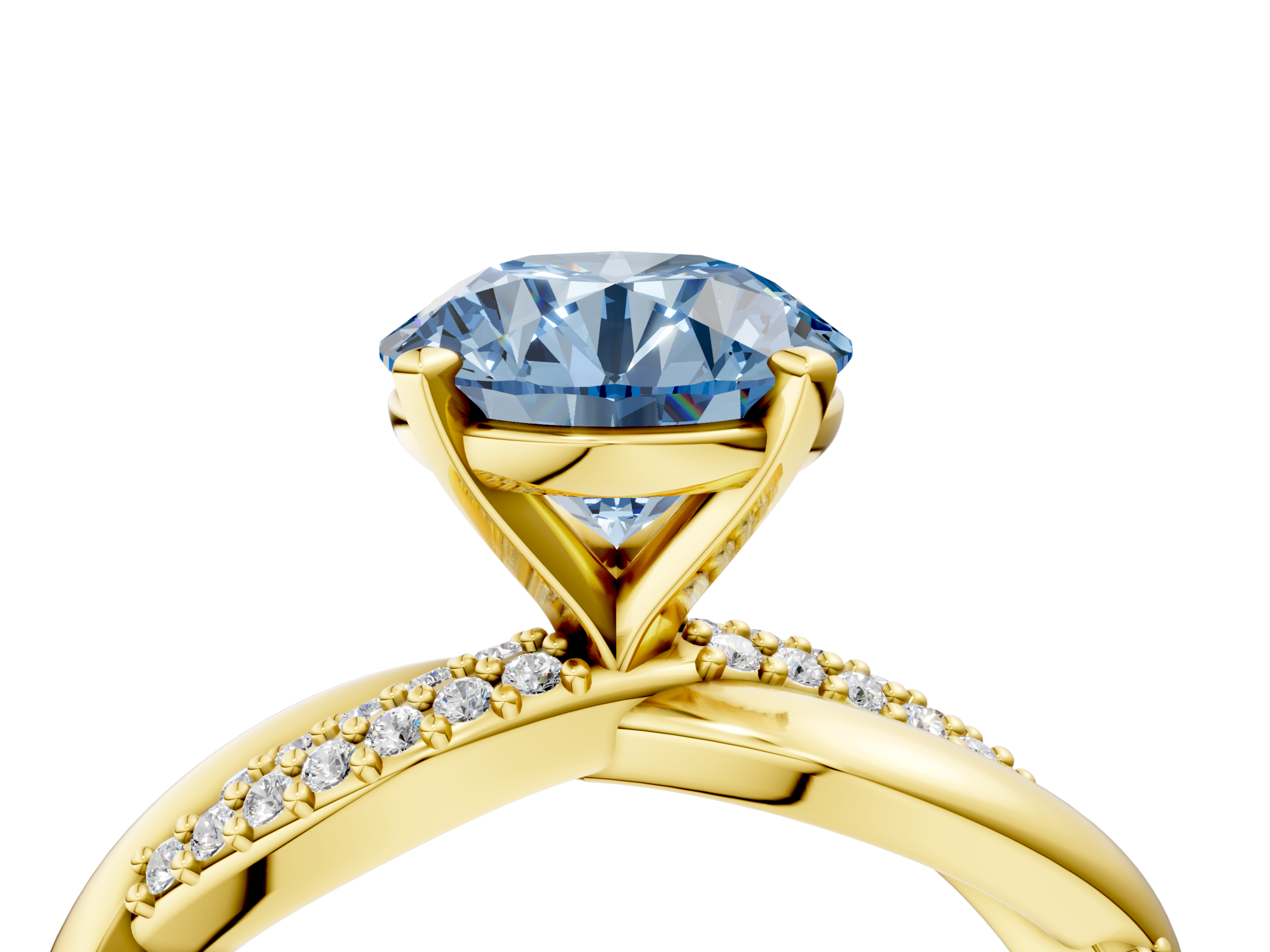 Yellow gold Fancy Blue Round  Solitaire Twist Band with Pave Prong Setting_63
