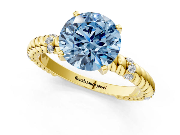 Yellow gold Fancy Blue Round  Solitaire Twisted Band Prong Set Engagement Ring
