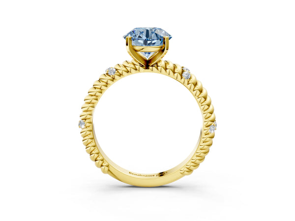 Yellow gold Fancy Blue Round  Solitaire Twisted Band Prong Set Engagement Ring