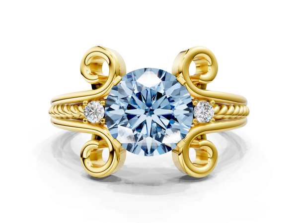 Yellow Gold Round Solitaire Engagement Ring Setting for Fancy Blue Center with Scroll Shoulders and Rope Twist Band
