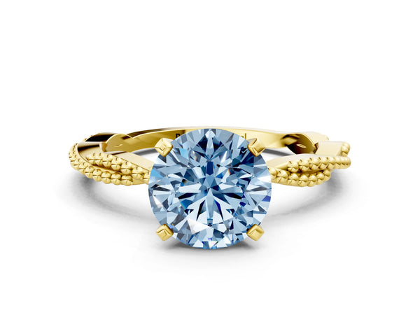 Yellow gold Fancy Blue Round  Solitaire Twisted Band with Bead Prong Setting