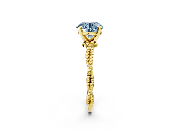 Yellow gold Fancy Blue Round  Solitaire Twisted Band with Bead Prong Setting