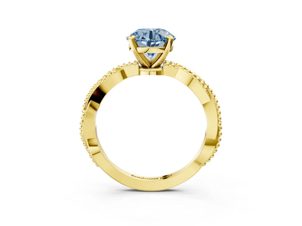 Yellow gold Fancy Blue Round  Solitaire Twisted Band with Bead Prong Setting