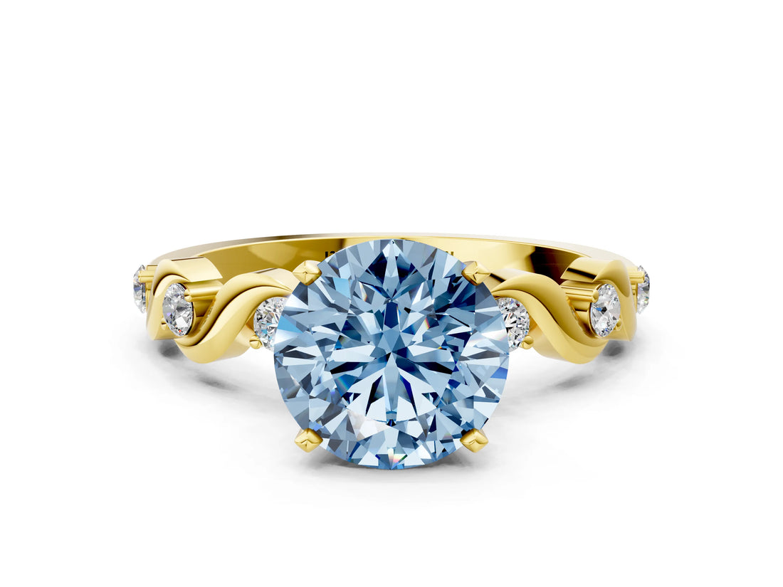 Yellow gold Fancy Blue Round  Solitaire Twisted Band with Prong Setting